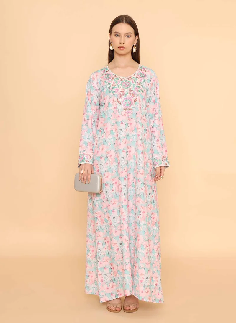 HANA & SARA Elegant Floral Arabic Jalabiya Pastel Long Sleeve With Stone Work Design